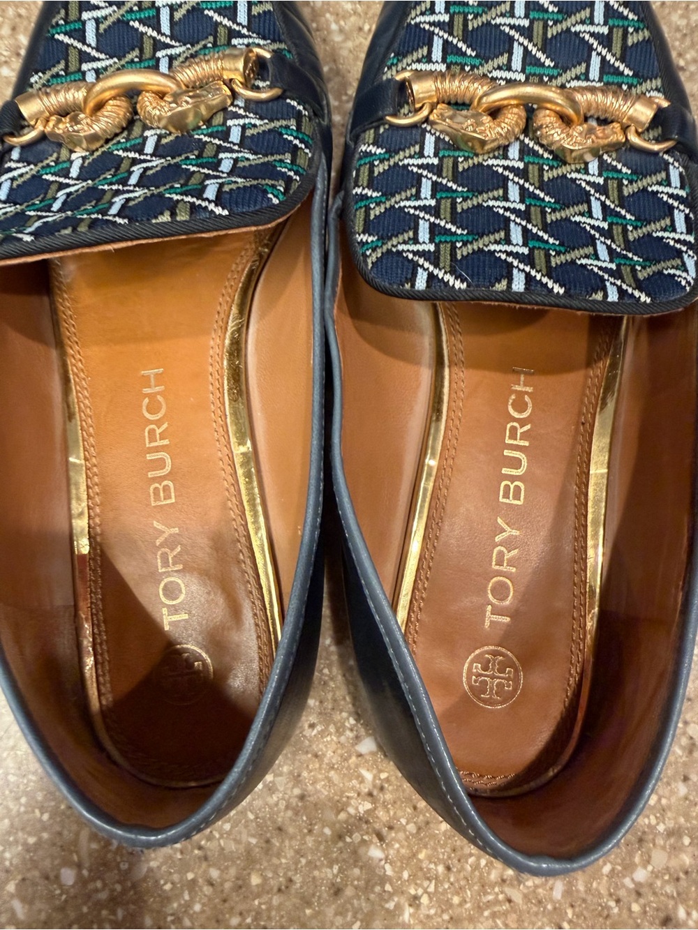 Tory Burch Navy Patterned Leather Slip-On Loafers with Gold Horsebit - Picture 8 of 10